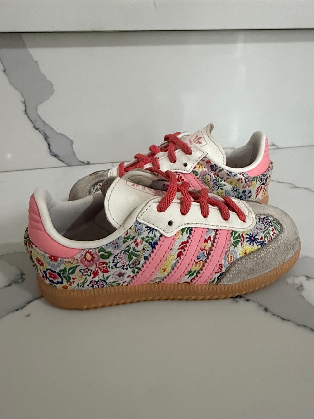 Adidas Kids Floral Sambas with Pink Stripes and dark pink Laces